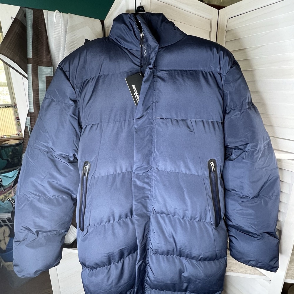 NWT Seidarise Men's Hooded Trench Puffer Coat Fleece Lined Navy Blue Size XL